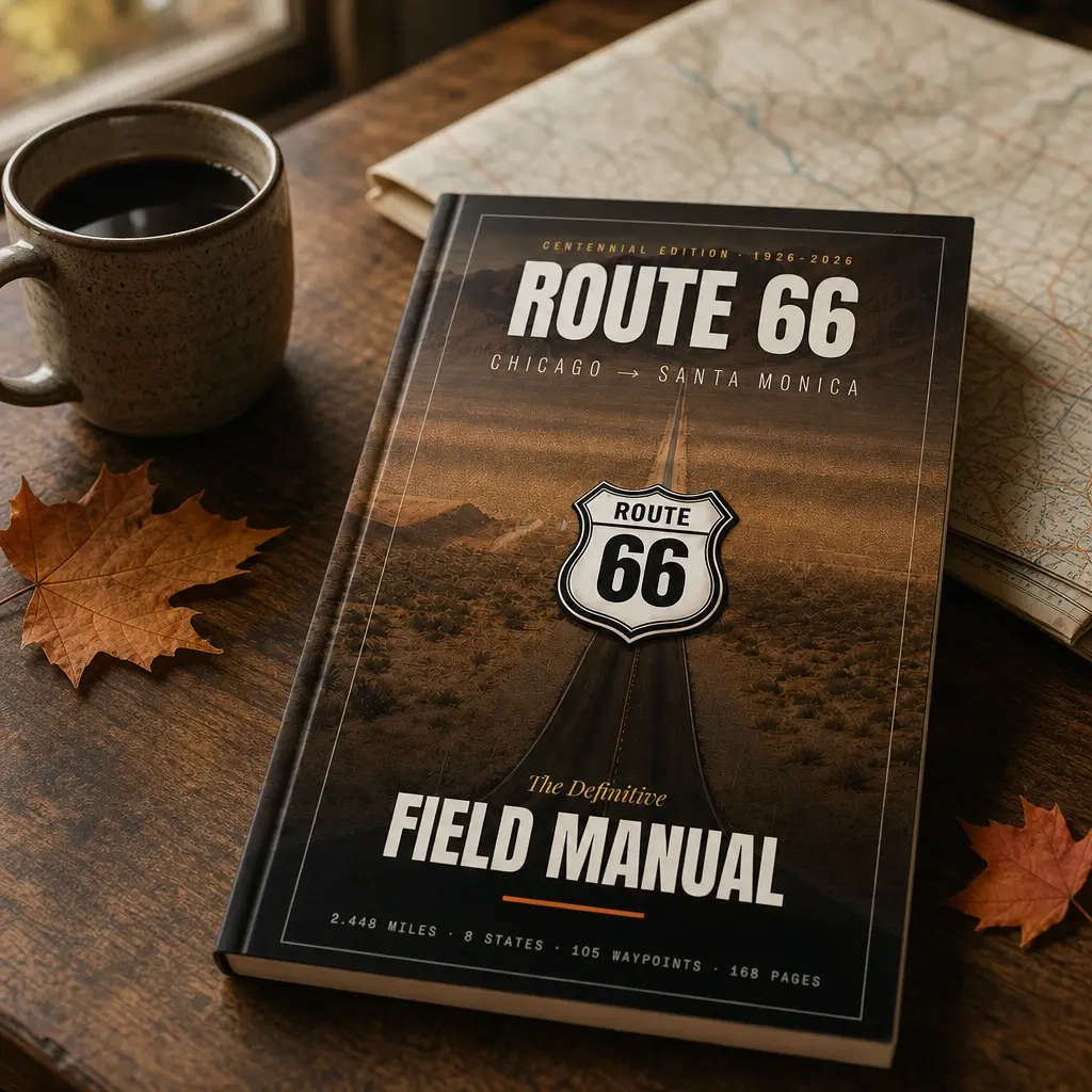 Route 66, The Definitive Field Manual on a table with coffee and a map