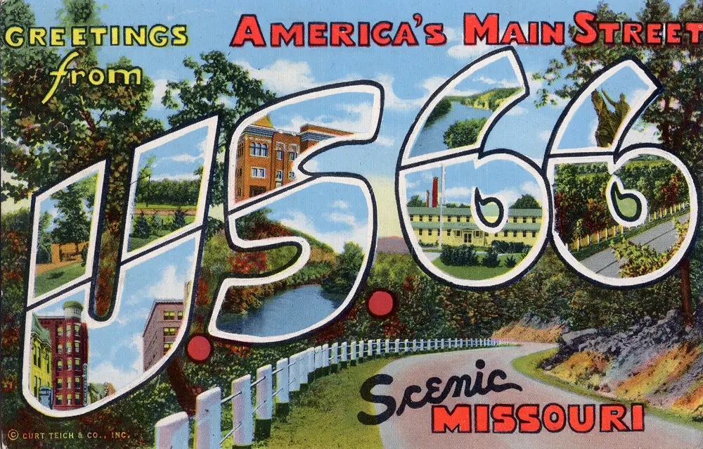 Large-letter postcard reading Greetings from U.S. 66, America's Main Street, Scenic Missouri, with scenes inside each letter