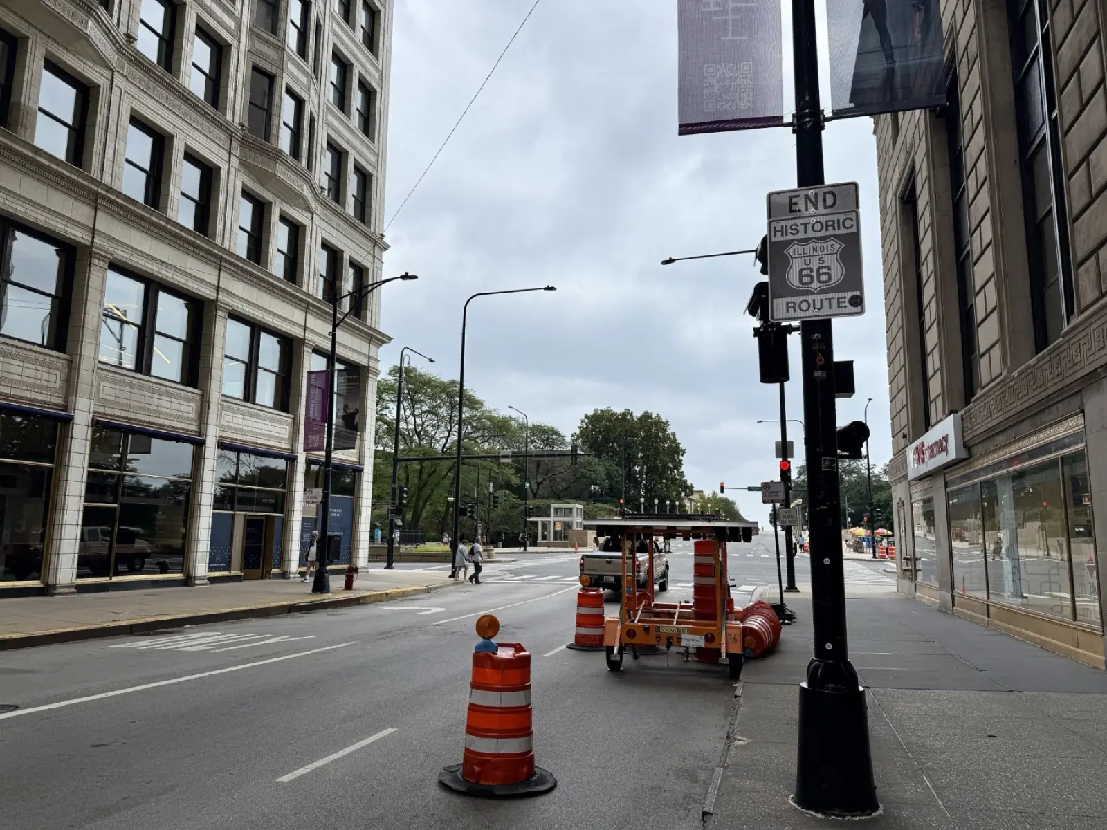 End Historic Route 66 sign on a pole on eastbound Jackson Boulevard approaching Michigan Avenue in Chicago